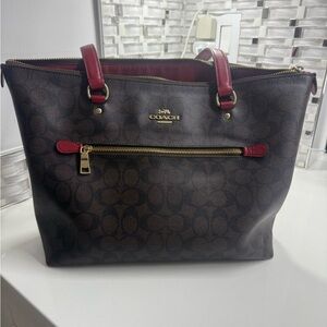 Coach Brown Tote with Red Accents